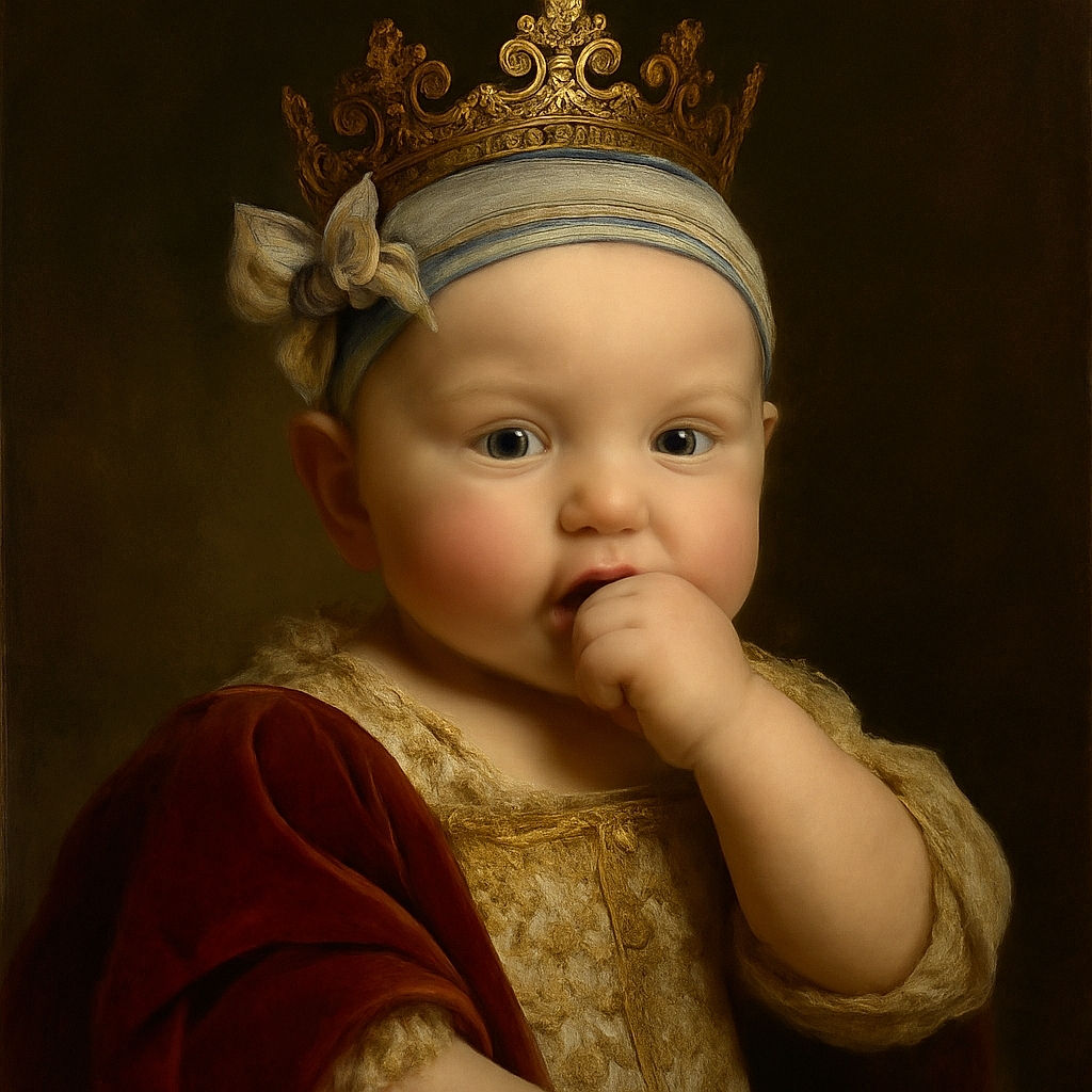 A close-up of an adorable baby with bright blue eyes and a grey headband featuring a bow, sucking on their hand with a curious expression. The background is softly blurred, showing indistinct figures and outdoor greenery, making the baby the clear star of the shot.