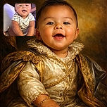 A chubby-cheeked baby with a gleeful expression sits cross-legged on a bed, wearing a cute patterned onesie and a tiny gold bracelet, spreading joy with every giggle.