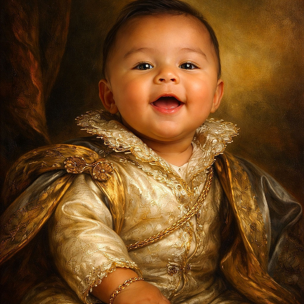 A chubby-cheeked baby with a gleeful expression sits cross-legged on a bed, wearing a cute patterned onesie and a tiny gold bracelet, spreading joy with every giggle.