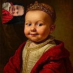 A cute baby bundled in a cozy red jacket lies on a dark surface, flashing a subtle smile with bright eyes sparkling with curiosity and innocence.