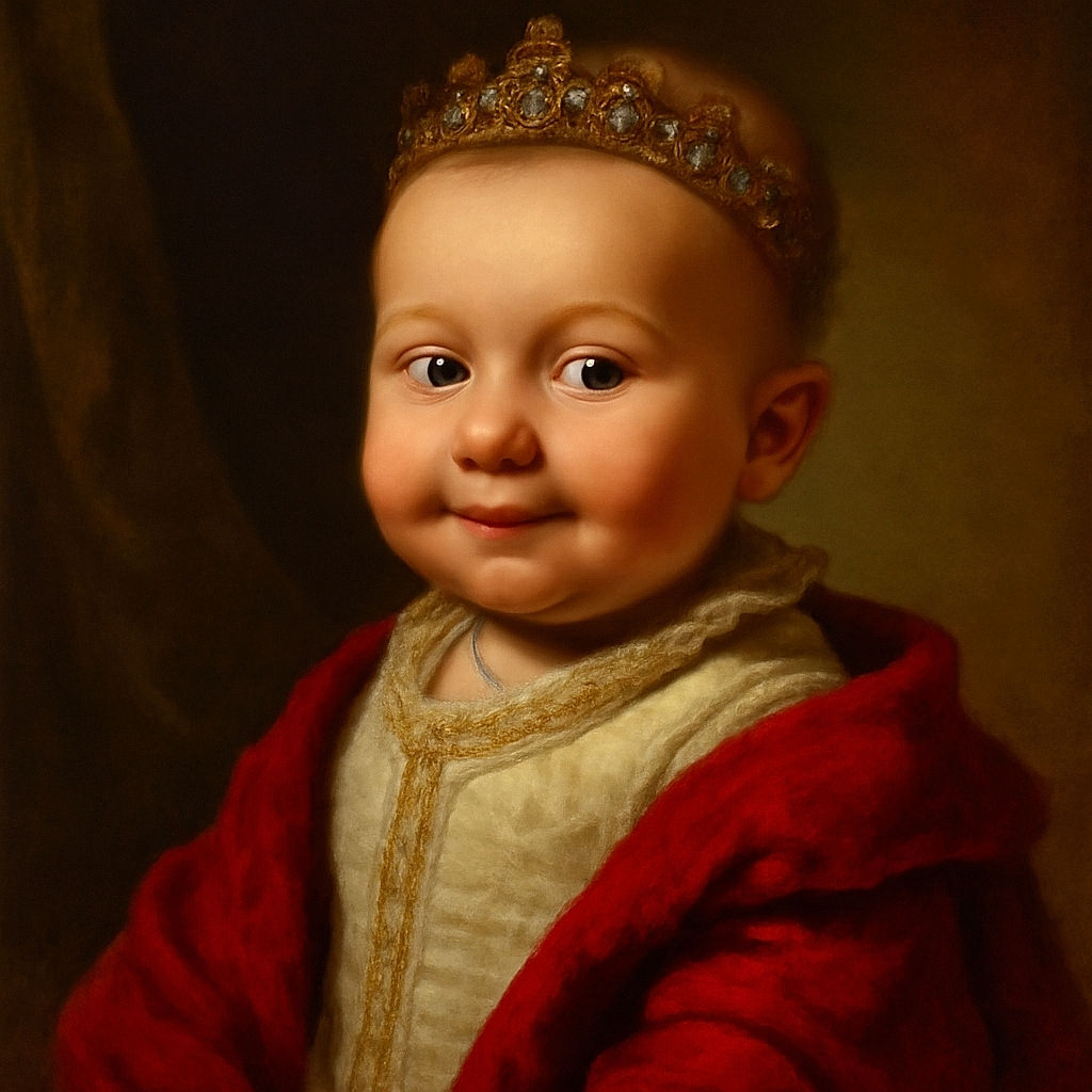 A cute baby bundled in a cozy red jacket lies on a dark surface, flashing a subtle smile with bright eyes sparkling with curiosity and innocence.