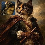 A cozy tortoiseshell cat nestled comfortably in the crook of someone's denim-clad legs, gazing intently at something off-camera with wide curious eyes, its fur a beautiful mix of orange, black, and brown blending seamlessly with the soft blue fabric.