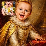 A cheerful toddler with red hair is standing at a table, smiling widely with bright eyes, wearing a cute outfit decorated with yellow chicks. The colorful mural behind the child adds a playful and vibrant backdrop, while a partially eaten plate of food sits in the foreground.