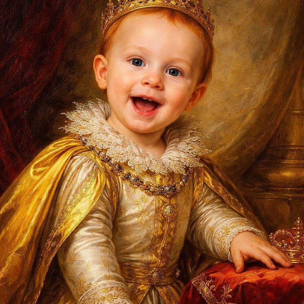 A cheerful toddler with red hair is standing at a table, smiling widely with bright eyes, wearing a cute outfit decorated with yellow chicks. The colorful mural behind the child adds a playful and vibrant backdrop, while a partially eaten plate of food sits in the foreground.