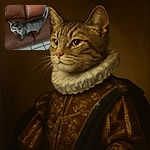 A curious tabby cat stands on a brown leather couch, its tail raised high as if proudly announcing its reign over the sofa. The tiled floor adds a neat contrast to the warm leather, while the cat's striped fur pattern is clearly visible in the soft indoor light.