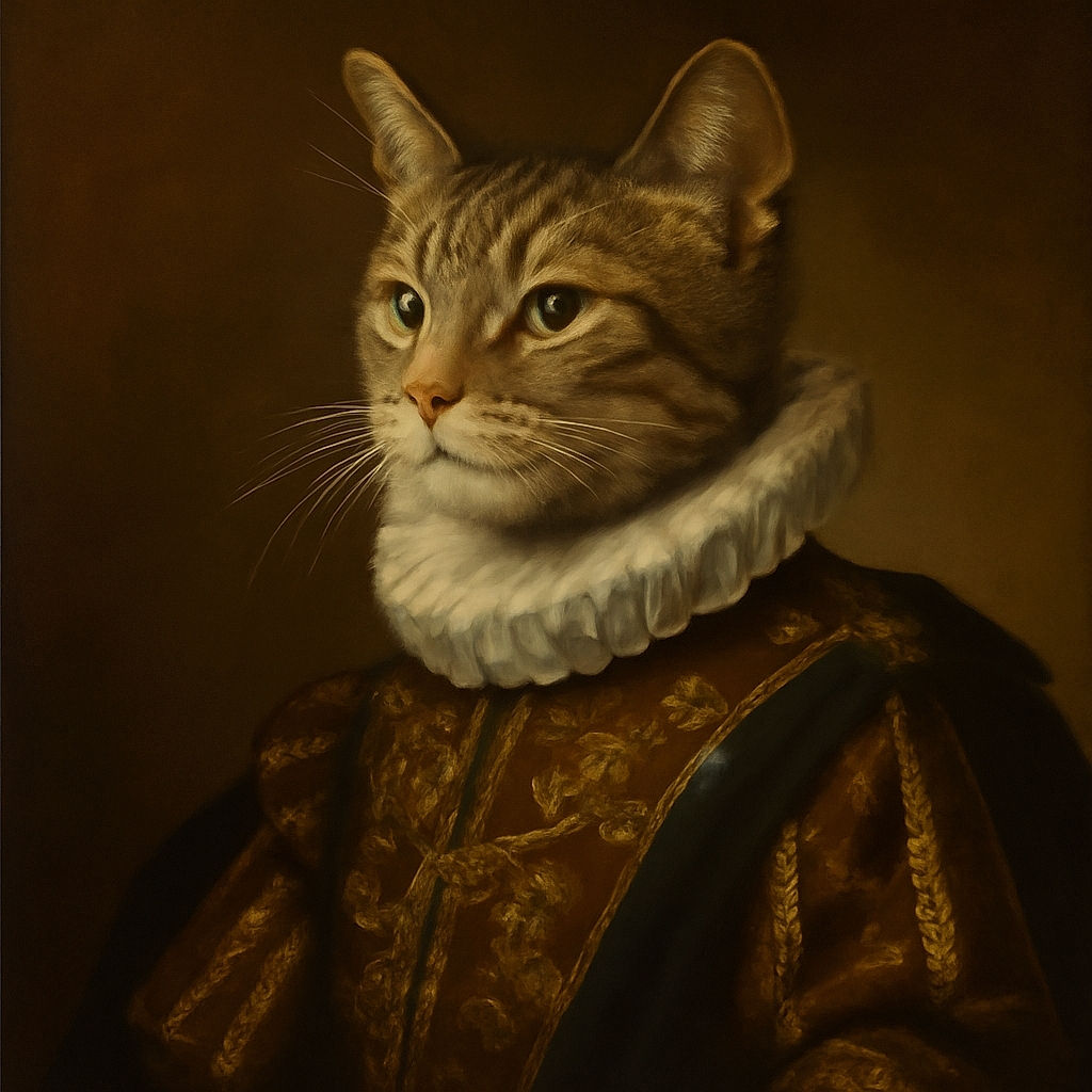 A curious tabby cat stands on a brown leather couch, its tail raised high as if proudly announcing its reign over the sofa. The tiled floor adds a neat contrast to the warm leather, while the cat's striped fur pattern is clearly visible in the soft indoor light.