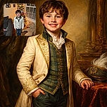 A cheerful young boy dressed in a white blazer and jeans stands smiling in front of a decorated Christmas tree with twinkling lights. To the right, a giant teddy bear sits on the wooden floor near the window with blinds, while a cozy couch is visible on the left side of the image. The festive ambiance and the boy's joyful expression create a warm holiday scene.