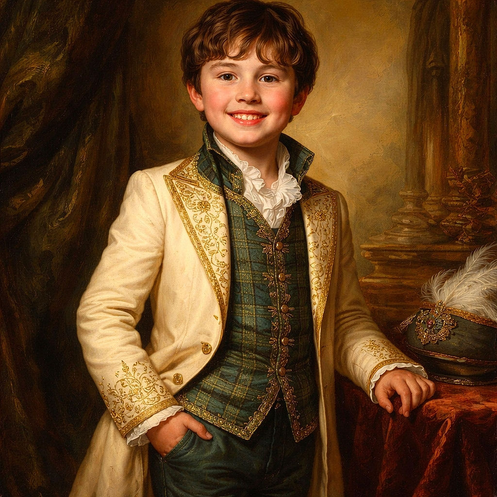 A cheerful young boy dressed in a white blazer and jeans stands smiling in front of a decorated Christmas tree with twinkling lights. To the right, a giant teddy bear sits on the wooden floor near the window with blinds, while a cozy couch is visible on the left side of the image. The festive ambiance and the boy's joyful expression create a warm holiday scene.