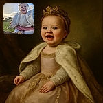 A joyful baby sits on the grass wearing a cozy cream sweater, pink corduroy shorts, and a headband with a bow, looking up with a wide open-mouthed smile against a soft sky backdrop.