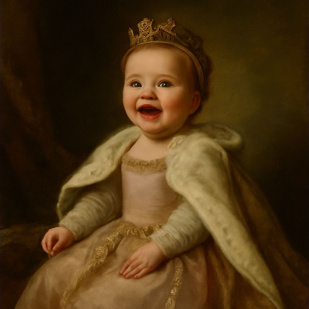 A joyful baby sits on the grass wearing a cozy cream sweater, pink corduroy shorts, and a headband with a bow, looking up with a wide open-mouthed smile against a soft sky backdrop.