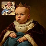 A wide-eyed baby bundled in cozy blankets and soft toys, looking curiously off to the side as if pondering the mysteries of the universe, with a quirky collection of ceramic faces smiling in the background.