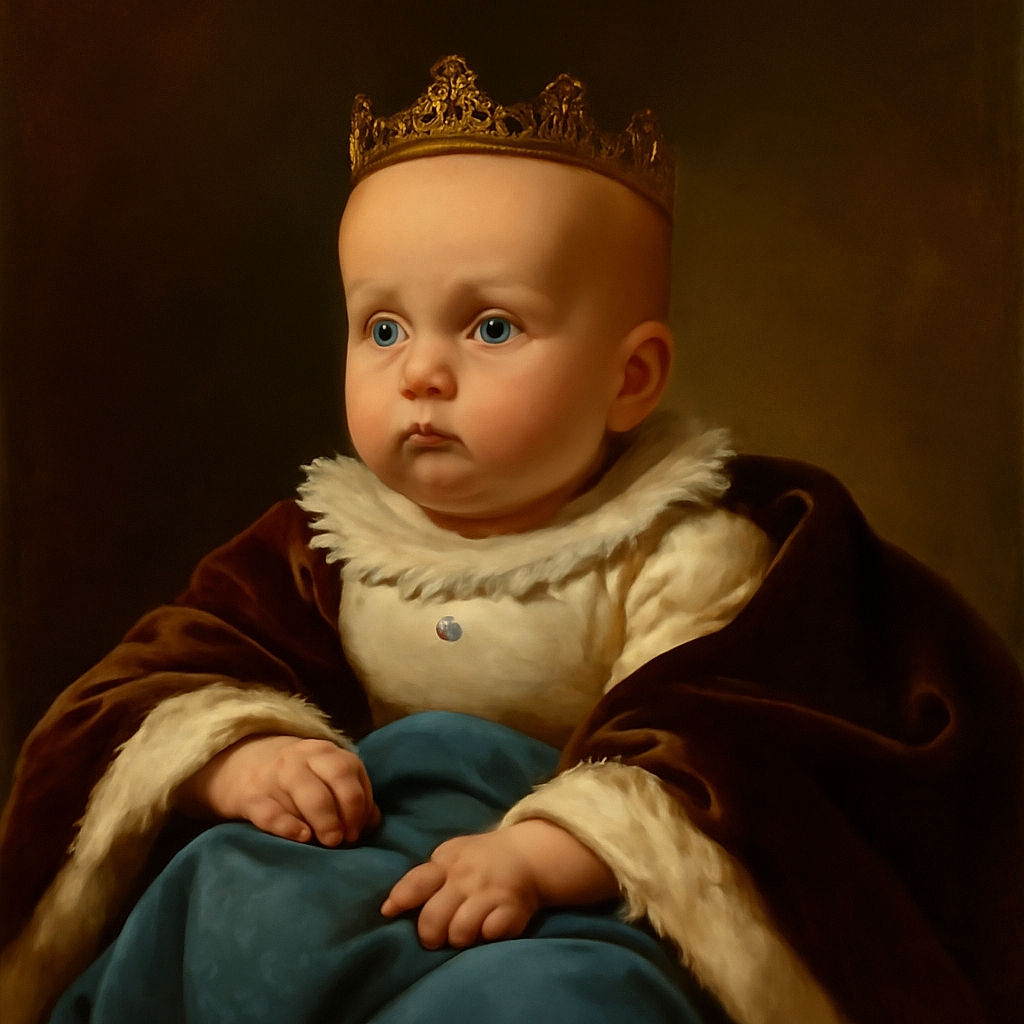 A wide-eyed baby bundled in cozy blankets and soft toys, looking curiously off to the side as if pondering the mysteries of the universe, with a quirky collection of ceramic faces smiling in the background.