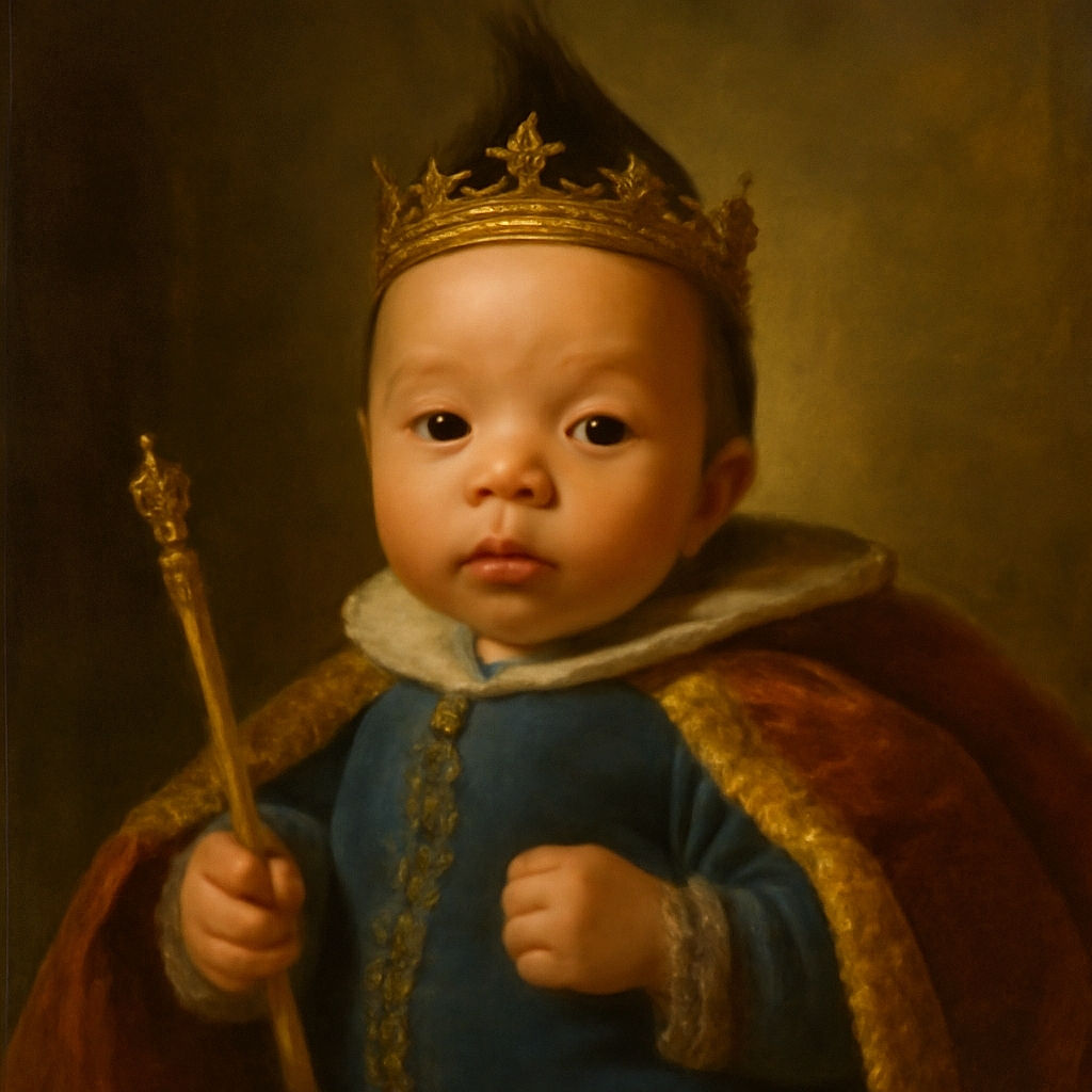 A cute baby with a playful mohawk hairstyle lies on a soft green textured blanket, wearing a blue ribbed outfit and looking curiously at the camera with tiny fists raised.