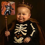 A cute baby dressed in a black skeleton-themed onesie with colorful candy designs on the belly, lying on a cozy orange blanket with a playful smirk, looking ready to spook and charm at the same time.