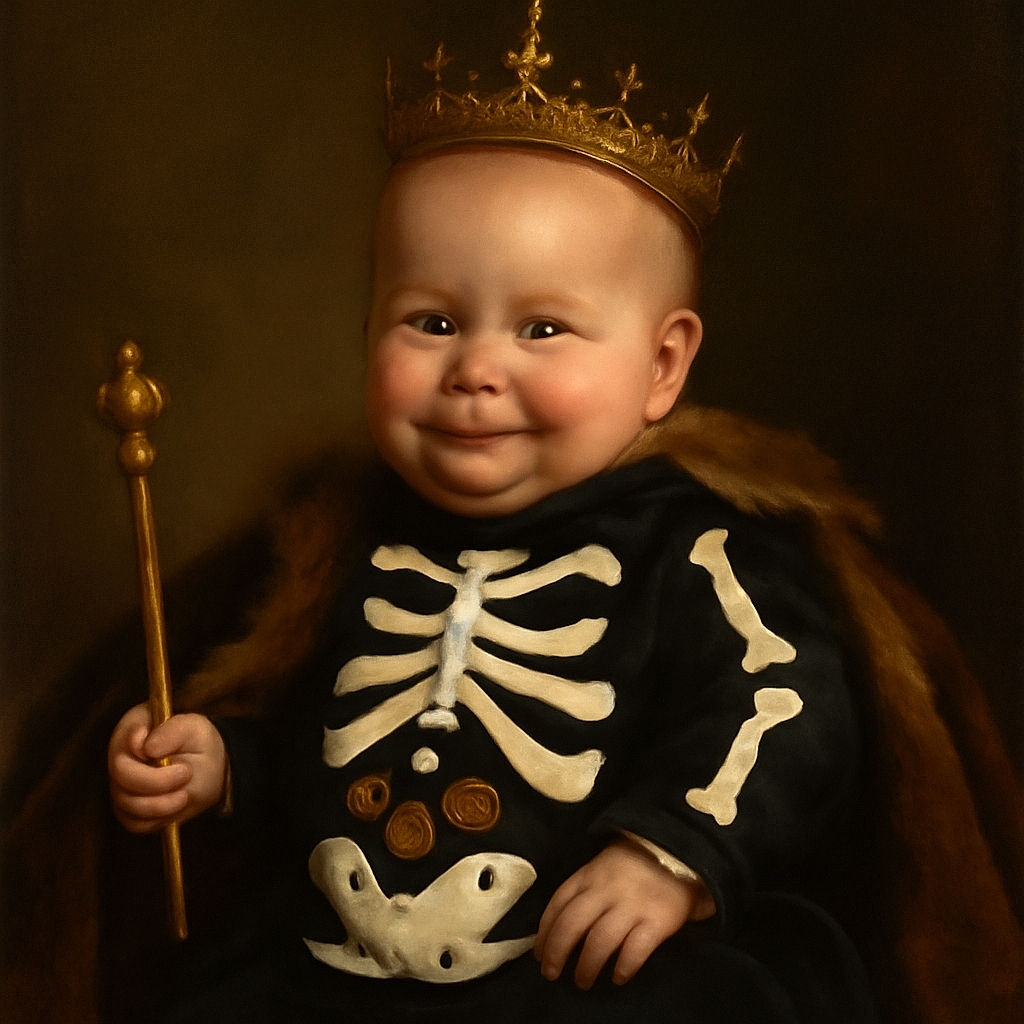 A cute baby dressed in a black skeleton-themed onesie with colorful candy designs on the belly, lying on a cozy orange blanket with a playful smirk, looking ready to spook and charm at the same time.