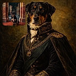 A majestic dog sits proudly in the center of an ancient brick corridor, bathed in warm light that highlights its shiny black and tan coat. The historic architecture with detailed carvings frames the dog perfectly, while a plaque on the floor reads 'Le Légendaire Beauceron,' giving the scene an epic and noble vibe.