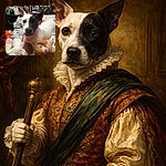 A curious black-and-white dog stares straight at the camera like a furry eyewitness while two stuffed toys act as loyal sidekicks on a messy bed — bicycle, clothes, and bottles provide the chaotic paparazzi backdrop.