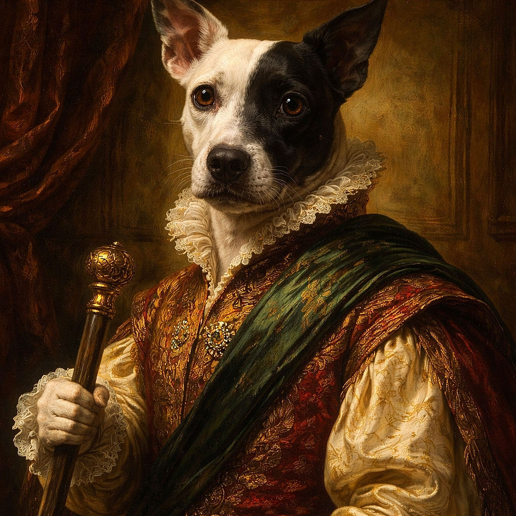 A curious black-and-white dog stares straight at the camera like a furry eyewitness while two stuffed toys act as loyal sidekicks on a messy bed — bicycle, clothes, and bottles provide the chaotic paparazzi backdrop.