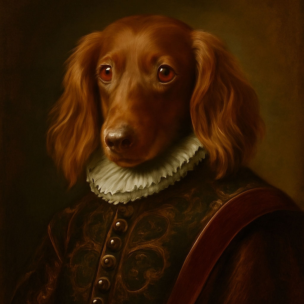A close-up photo of a long-haired brown dog lounging on a patterned cushion with lace curtains in the background, giving a cozy and homey vibe.