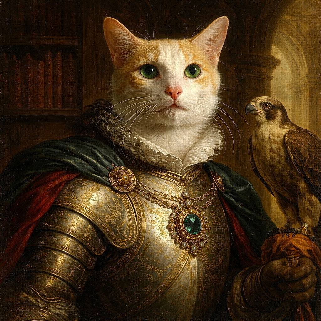A charming ginger and white cat lounges comfortably on a cozy red blanket adorned with white heart patterns, looking directly at the camera with curious green eyes. The soft lighting highlights the cat's fur texture and the inviting folds of the blanket, creating a warm and intimate atmosphere.