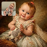 A charming baby girl with a tiny ponytail tied with a coral bow is sitting comfortably, holding a bunch of colorful stuffed toys. She wears a cute patterned dress and pink shoes, flashing a sweet smile that could melt hearts instantly.