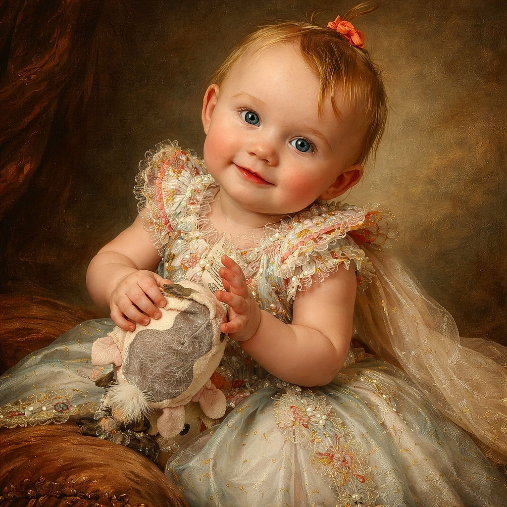 A charming baby girl with a tiny ponytail tied with a coral bow is sitting comfortably, holding a bunch of colorful stuffed toys. She wears a cute patterned dress and pink shoes, flashing a sweet smile that could melt hearts instantly.
