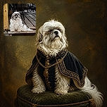 A fluffy little dog sits proudly on a wooden step, looking like it has been appointed guardian of the patio and is waiting for its royal cushion to arrive. Outdoor chairs, tiled flooring, and greenery create a cozy backyard setting.