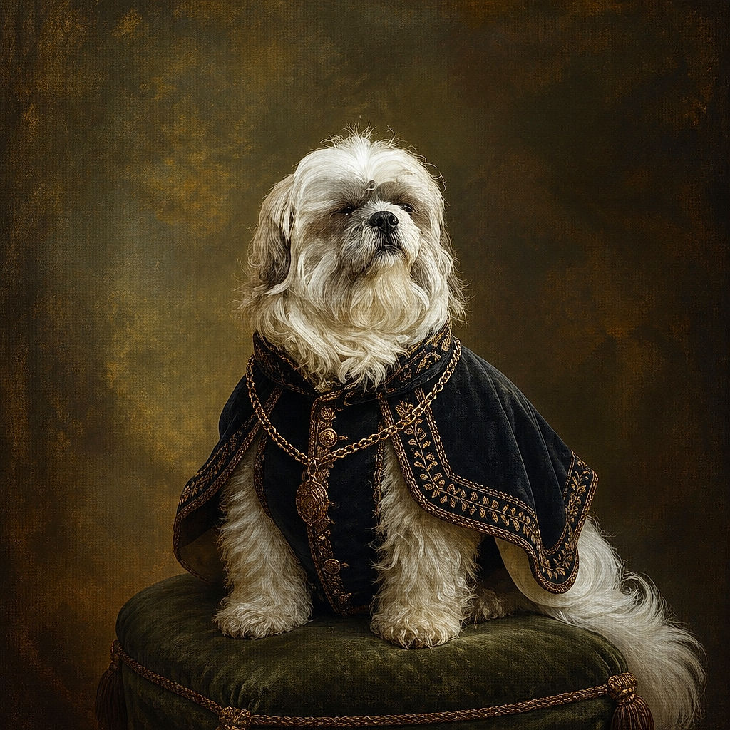 A fluffy little dog sits proudly on a wooden step, looking like it has been appointed guardian of the patio and is waiting for its royal cushion to arrive. Outdoor chairs, tiled flooring, and greenery create a cozy backyard setting.