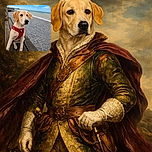 A charming young dog with a red harness sits on a wooden bench by a pebbled beach, gazing thoughtfully towards the horizon under a bright blue sky with scattered clouds and a couple of seagulls soaring above.