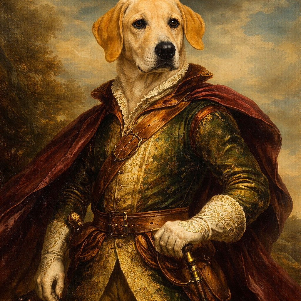 A charming young dog with a red harness sits on a wooden bench by a pebbled beach, gazing thoughtfully towards the horizon under a bright blue sky with scattered clouds and a couple of seagulls soaring above.