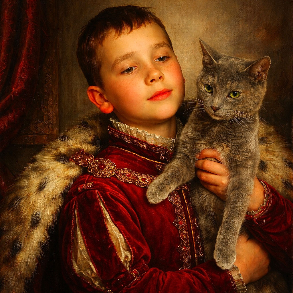 A red-hooded kid holds a slightly unimpressed gray cat like a VIP guest at a family photoshoot while a bright teal browser bar crashes the scene from above — domestic chaos meets smartphone screenshot aesthetics.