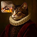 A cozy tabby cat lounging on a vibrant yellow blanket inside a tiled nook, being gently petted by a person wearing a striped sweater sleeve. The warm lighting highlights the cat's attentive gaze and soft fur, creating a snug and peaceful atmosphere.