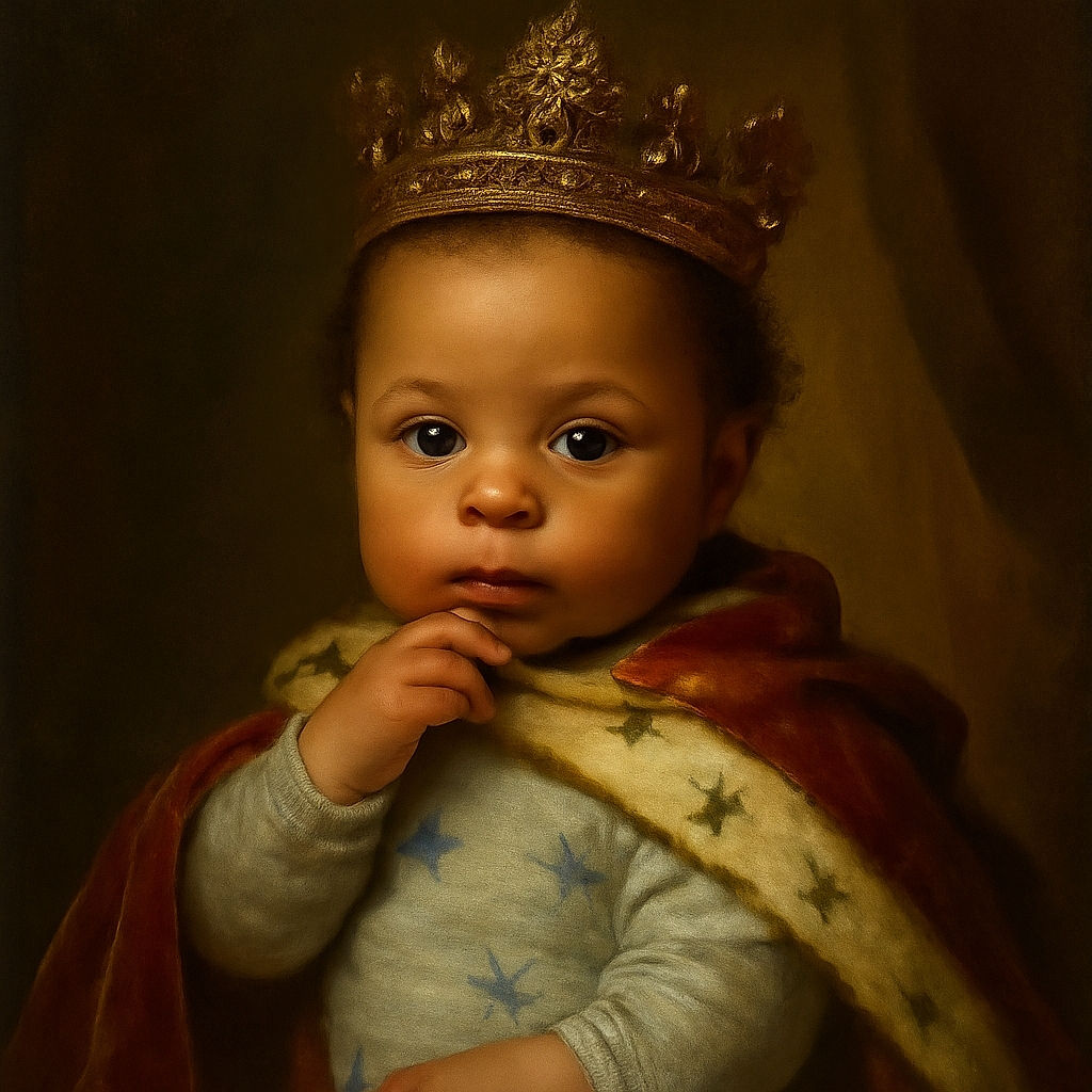 A close-up photo of a baby lying on a colorful pillow with owl patterns, wearing a white onesie with blue butterflies. The baby has bright eyes and is thoughtfully sucking on their hand, bathed in soft natural light creating gentle shadows on their face.