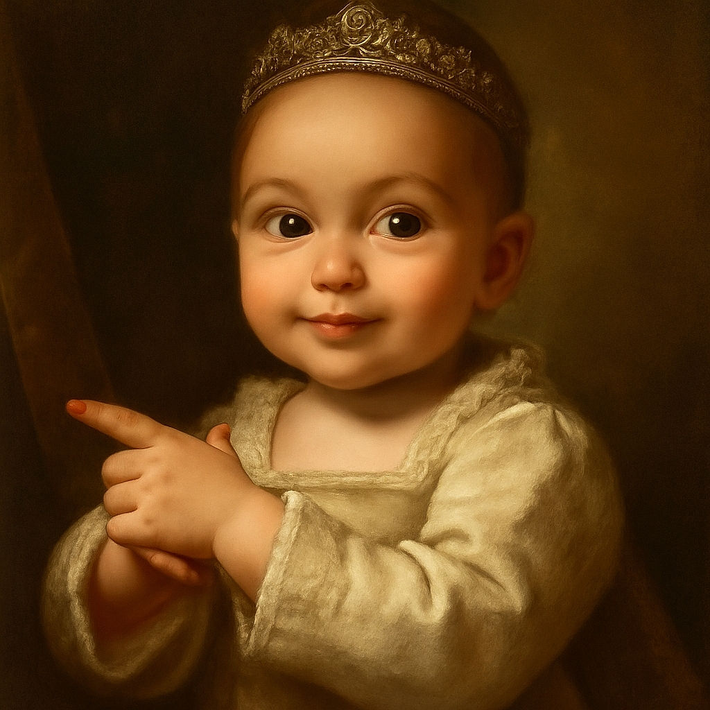 A curious baby bathed in warm sunlight, gazing wide-eyed with hands clasped together, dressed in a cozy white outfit with pink patterns, creating an adorable and heartwarming moment.