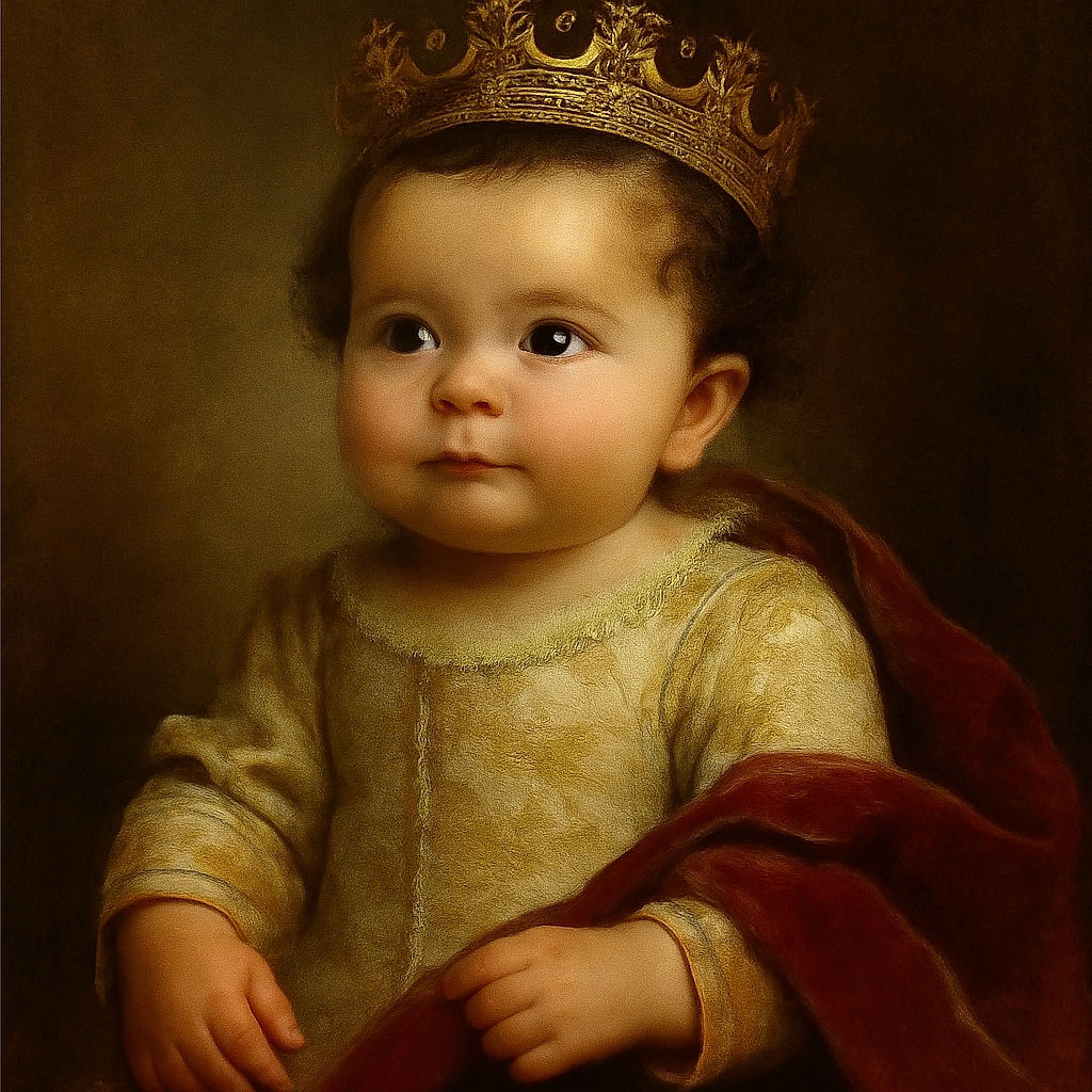 A charming baby with curious eyes lies on a soft white surface, wearing a simple white onesie. The baby's expression is calm and inquisitive, while soft lighting enhances the smooth texture of the skin and the gentle curls of hair.