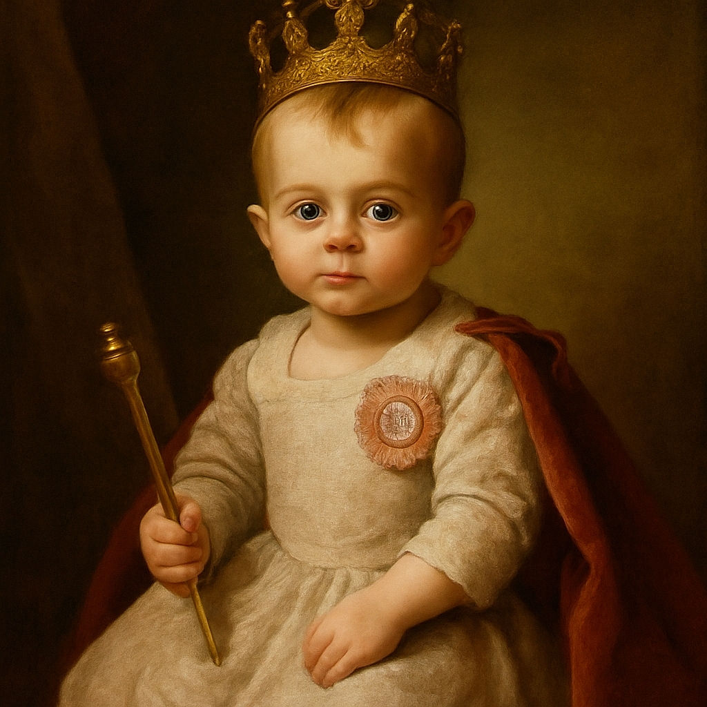 A cute toddler in a fancy dress is sitting on the grass near a concrete path, clutching a white balloon with a curious and slightly mischievous expression, basking in the sunlight surrounded by greenery.