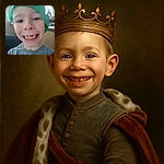 A joyful young child with a green paper crown tilted on their head grins widely, showing off a charming mix of baby teeth and gaps. The close-up shot captures the innocence and excitement of childhood, with a cozy indoor background softly blurred.