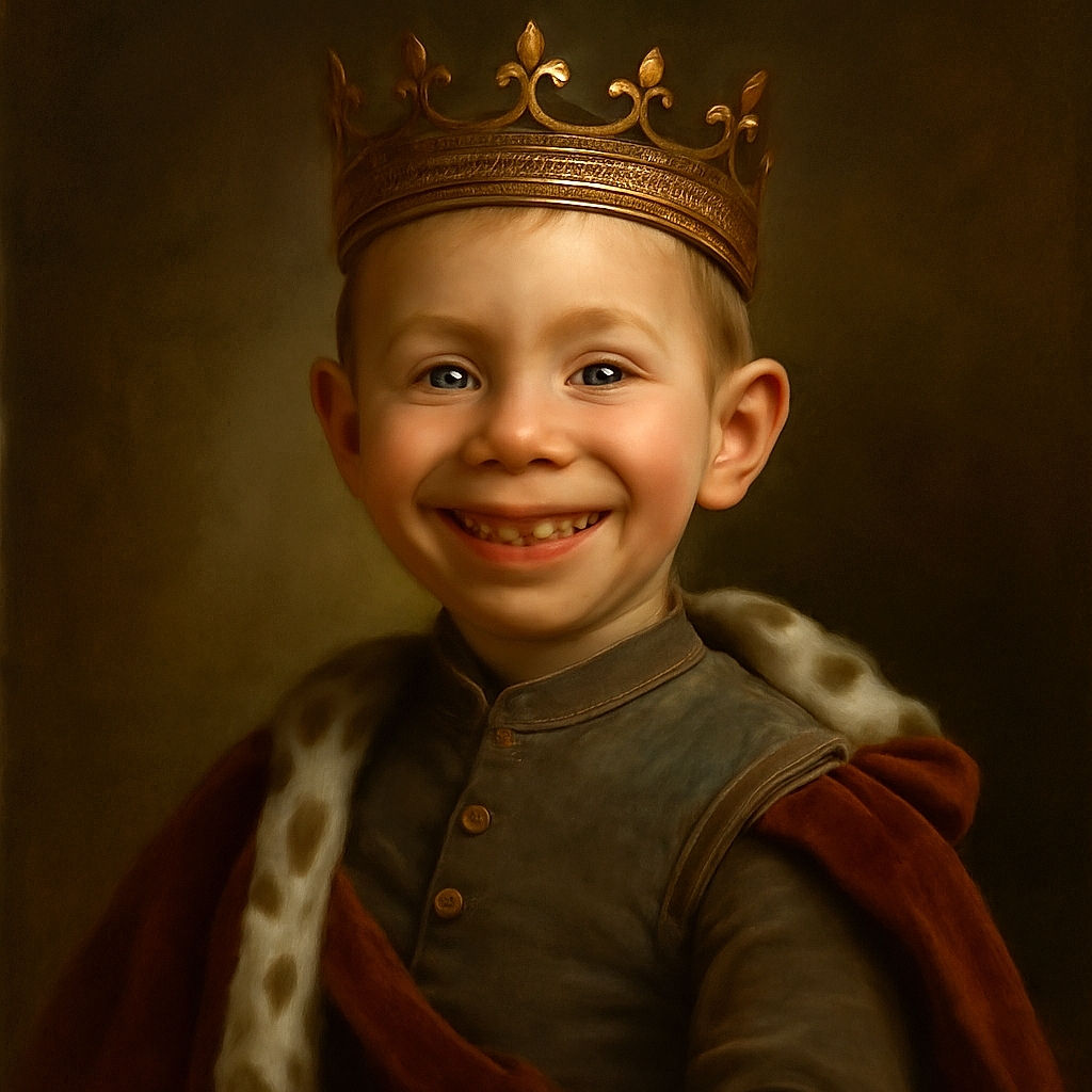 A joyful young child with a green paper crown tilted on their head grins widely, showing off a charming mix of baby teeth and gaps. The close-up shot captures the innocence and excitement of childhood, with a cozy indoor background softly blurred.