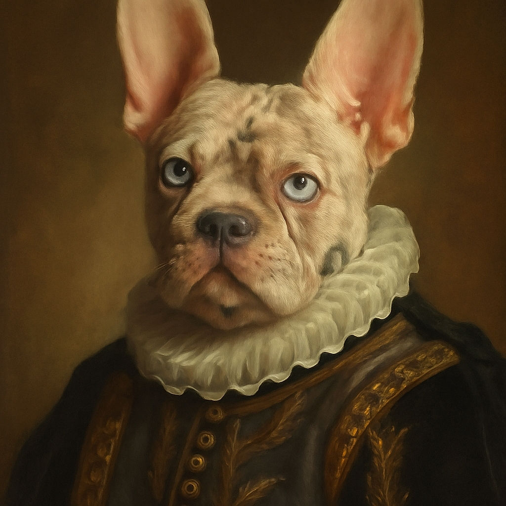 A charming French Bulldog puppy with striking blue eyes and enormous ears lounges comfortably on a soft surface, looking curiously at the camera as if plotting its next adorable mischief.