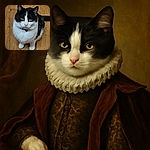 A curious black and white cat with bright yellow eyes sits attentively on a wooden floor, looking up as if plotting its next adventure or demanding treats.