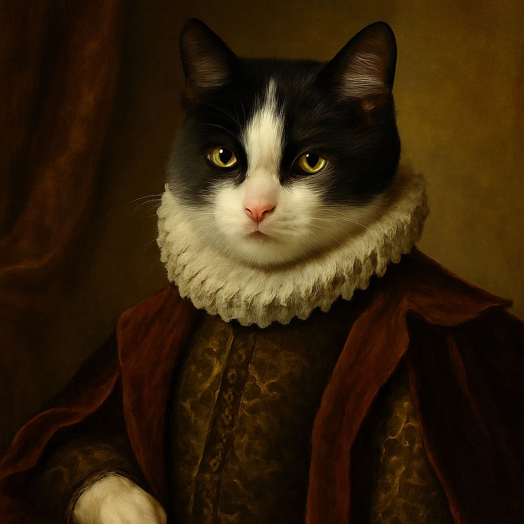 A curious black and white cat with bright yellow eyes sits attentively on a wooden floor, looking up as if plotting its next adventure or demanding treats.