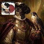 A small black and white dog wearing a cute orange and white outfit sits comfortably on a fluffy white chair with a round maroon cushion behind it. The dark wall in the background features a painted paw print, adding a playful touch to the cozy scene.