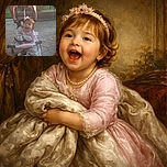 A joyful toddler bundled up in a cozy blanket sits in a pink and black tricycle stroller, smiling widely as the sun casts a warm glow on the stone patio and green garden behind.