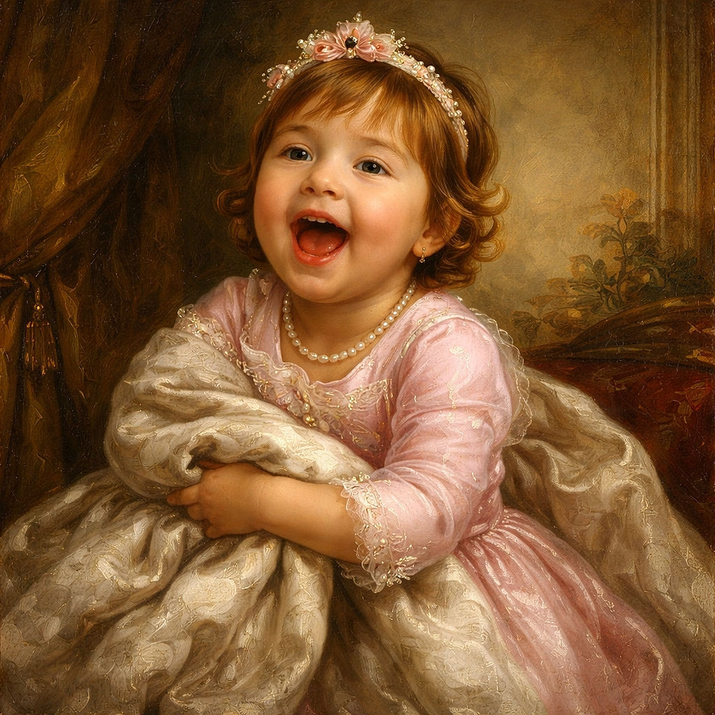 A joyful toddler bundled up in a cozy blanket sits in a pink and black tricycle stroller, smiling widely as the sun casts a warm glow on the stone patio and green garden behind.