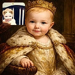 A gleeful toddler peeks over a wooden crib rail with a playful social-media filter — fuzzy bear ears, whiskers and floating golden hearts — turning a sleepy bedroom scene into a sparkly, cartoon-y moment. The child's small hand grips the rail, eyes bright and smiling, while dark crib slats frame the background.