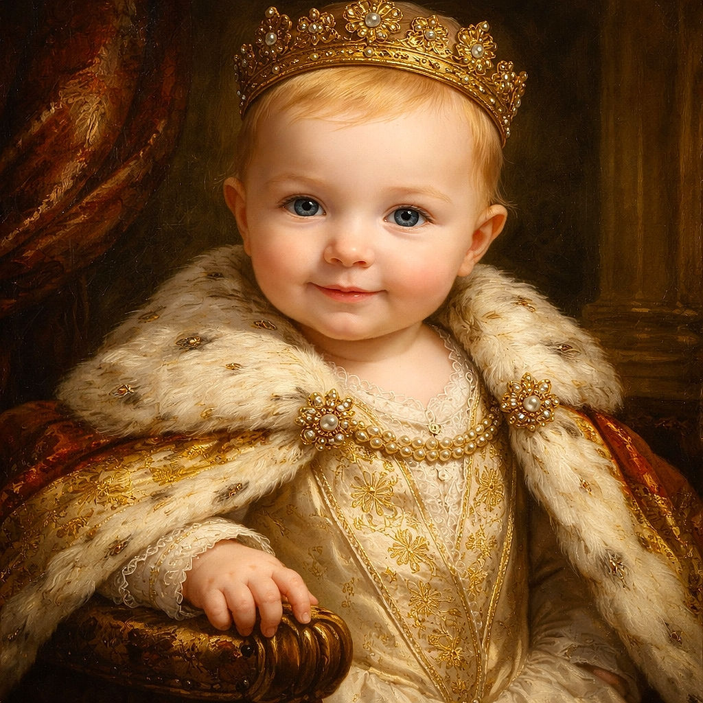 A gleeful toddler peeks over a wooden crib rail with a playful social-media filter — fuzzy bear ears, whiskers and floating golden hearts — turning a sleepy bedroom scene into a sparkly, cartoon-y moment. The child's small hand grips the rail, eyes bright and smiling, while dark crib slats frame the background.