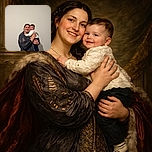 A happy woman is holding a smiling baby in her arms against a plain beige wall, both sharing a warm and joyful moment with cozy clothing and soft lighting.