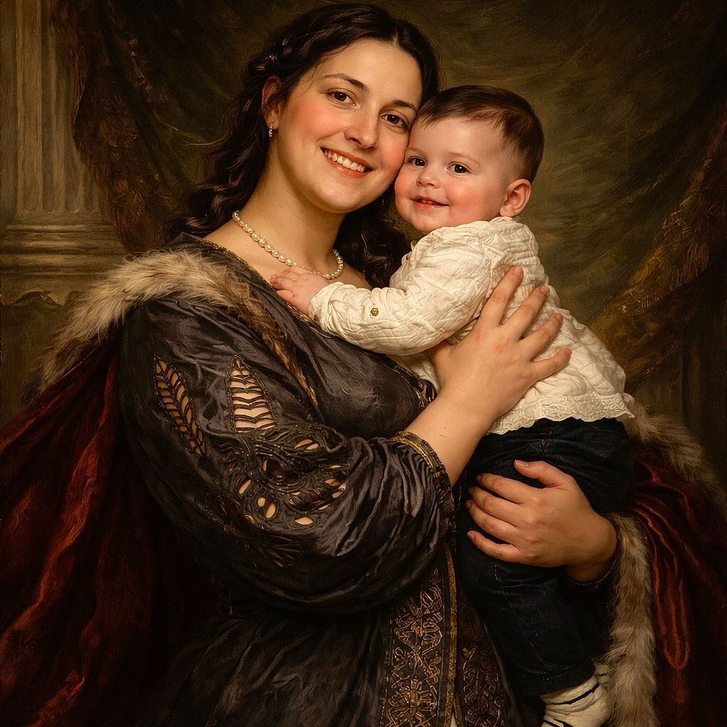 A happy woman is holding a smiling baby in her arms against a plain beige wall, both sharing a warm and joyful moment with cozy clothing and soft lighting.