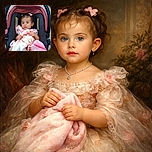 A wide-eyed toddler sits snugly in a car seat, clutching a fluffy pink and white blanket, with tiny pink bows in her hair adding a touch of charm. The background is a simple concrete sidewalk, making the child's expressive face the star of the photo.