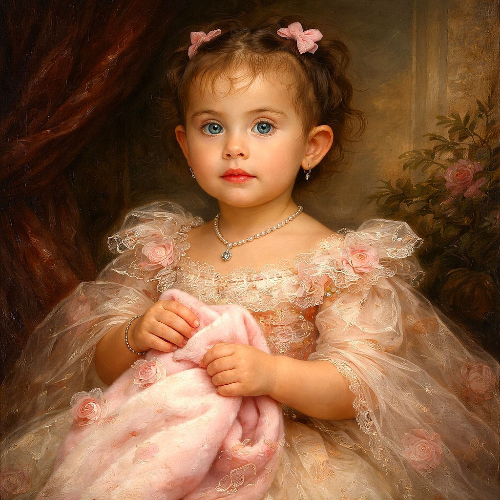 A wide-eyed toddler sits snugly in a car seat, clutching a fluffy pink and white blanket, with tiny pink bows in her hair adding a touch of charm. The background is a simple concrete sidewalk, making the child's expressive face the star of the photo.